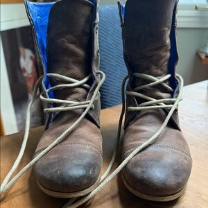 John Fluevog Brown Lace Up Boots with Blue Accents